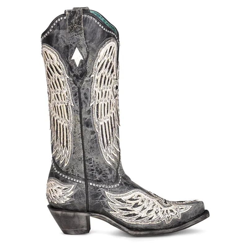 Cross and Wings Overlay Studded Snip Toe Cowboy Boots made by Shoebacca