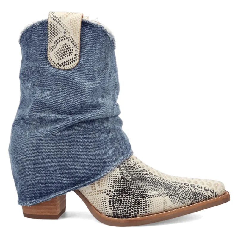 Denim Dream Snake Snip Toe Cowboy Booties made by dingo