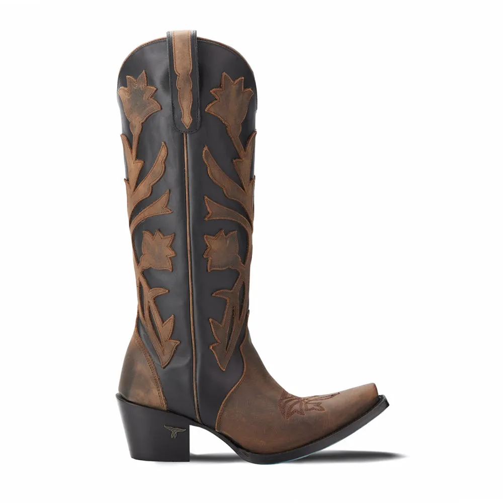 Jolene Tooled Inlay Floral Snip Toe Cowboy Boot sold by Shoebacca