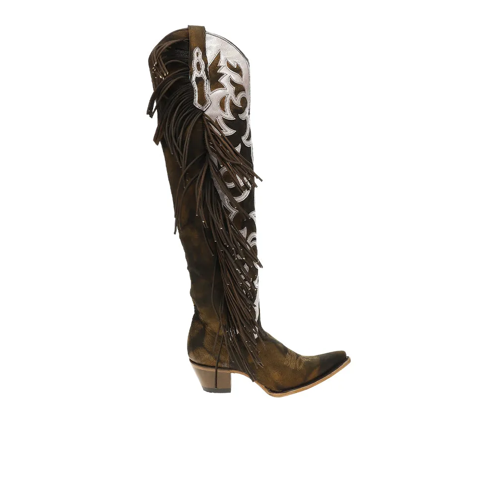 Embroidered And Overlay With Fringe Pointed Toe Cowboy Boots sold by Shoebacca