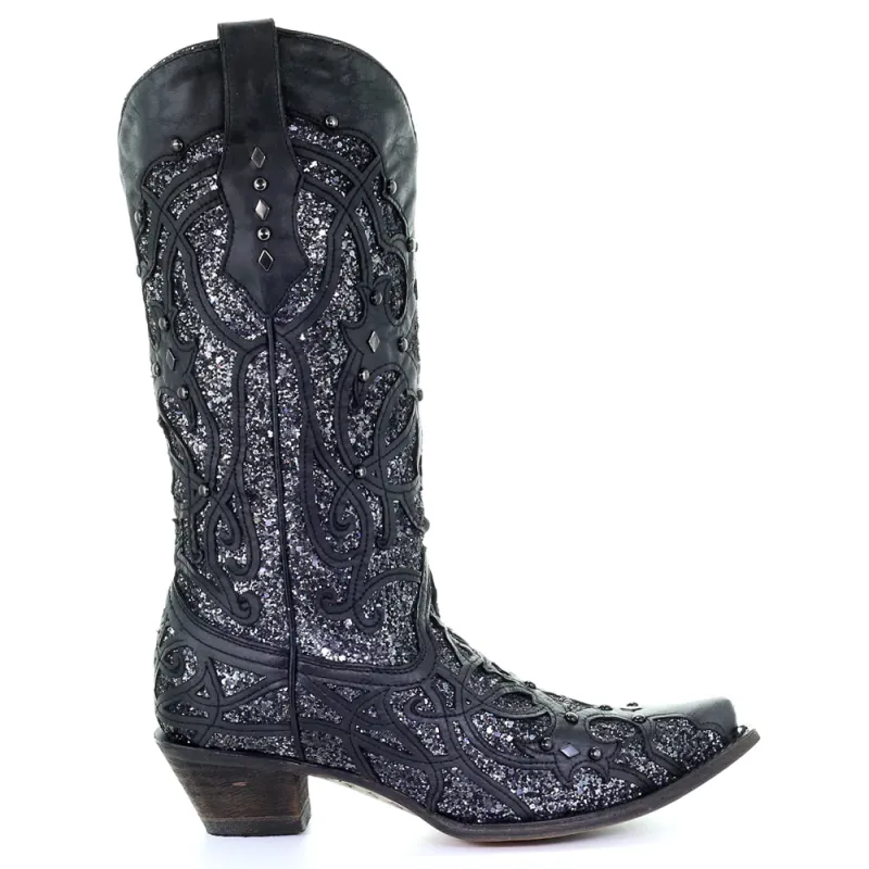 Black Glittered Inlay Cowboy Boots made by Shoebacca