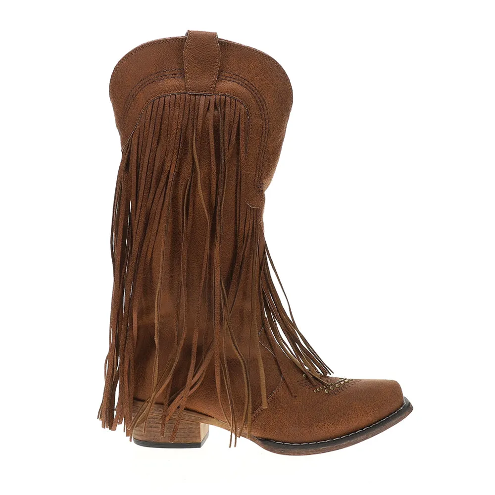 Dolly Fringe Studded Snip Toe Pull On Cowboy Boots sold by Shoebacca