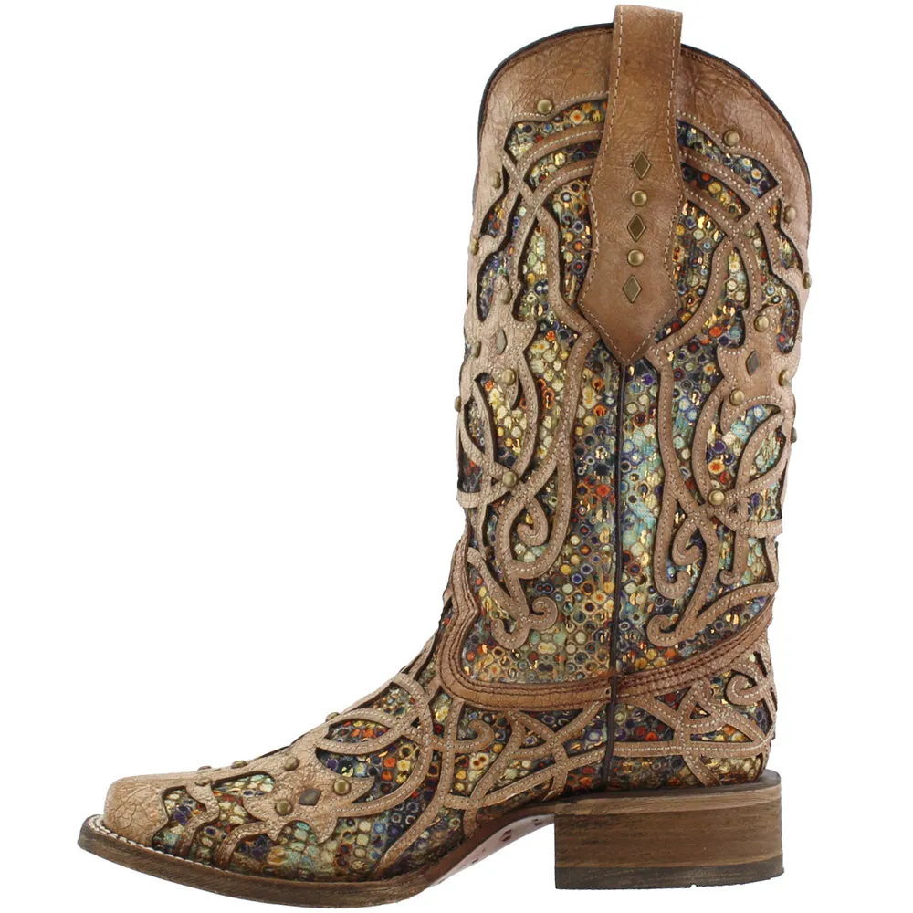 Tooled Inlay Studded Sequins Square Toe Cowboy Boots sold by Shoebacca product image thumbnail 4