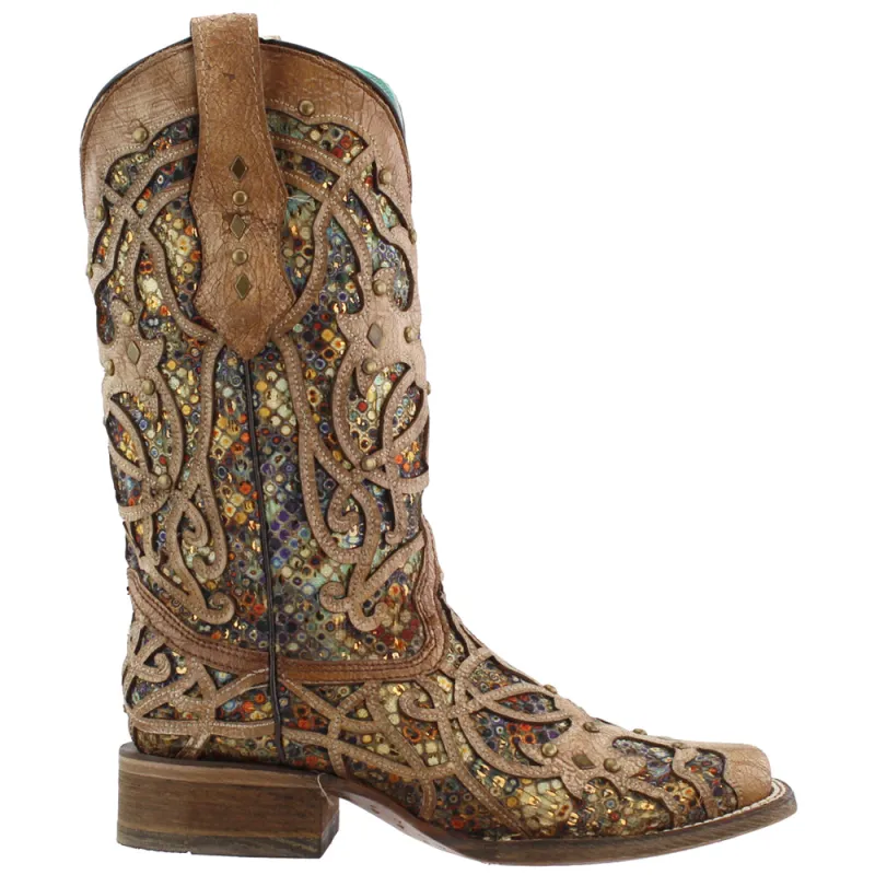 Tooled Inlay Studded Sequins Square Toe Cowboy Boots made by Shoebacca