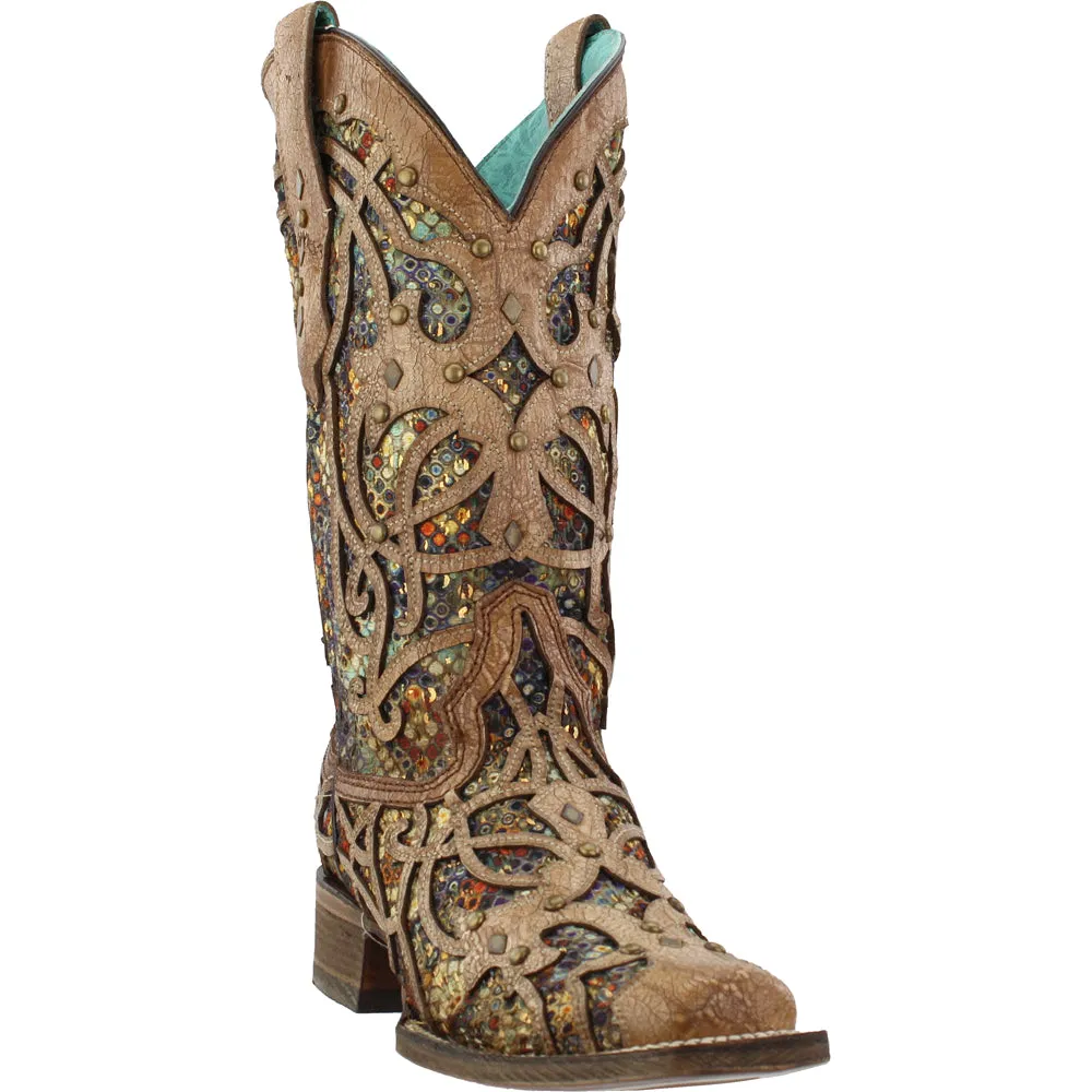 Tooled Inlay Studded Sequins Square Toe Cowboy Boots sold by Shoebacca product image thumbnail 2