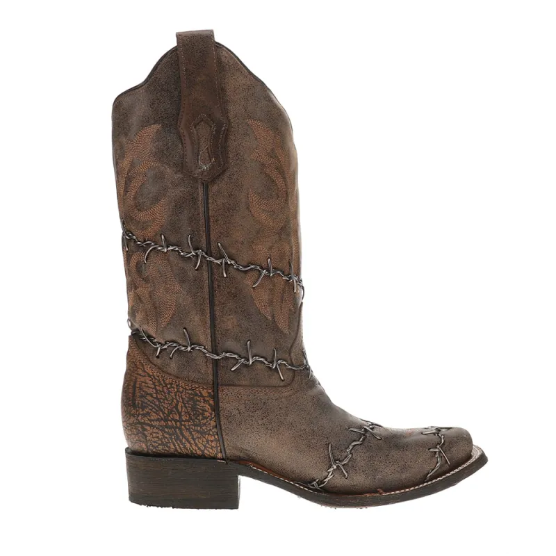 Brown Woven Barbed Wire Rodeo Square Toe Pull On Cowboy Boots made by Shoebacca