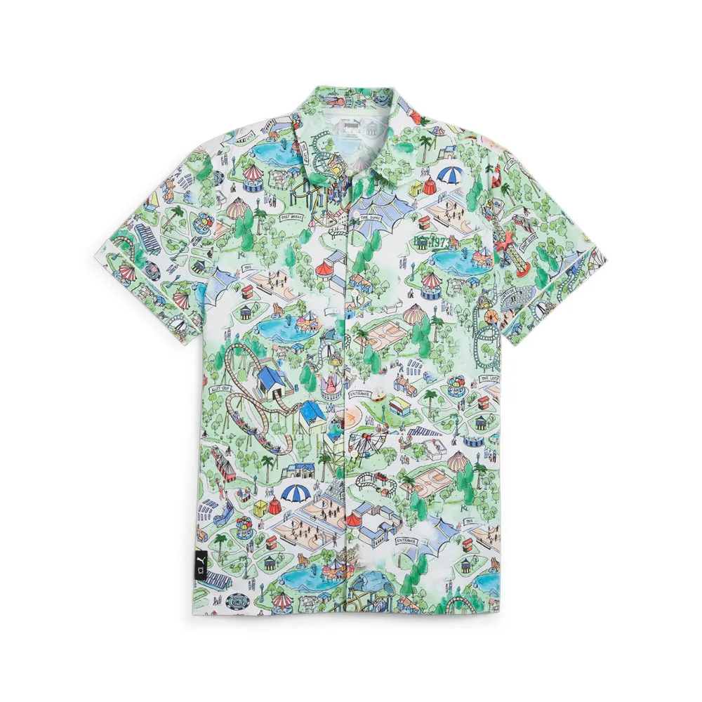 The Fairgrounds Resort Graphic Collared Short Sleeve Button Up Shirt sold by Shoebacca