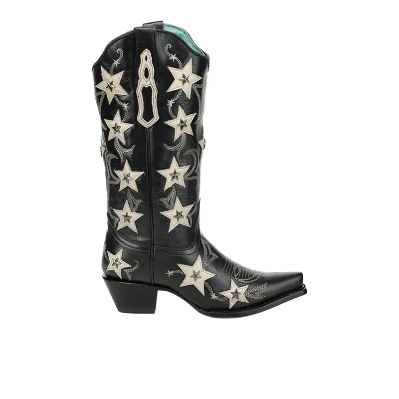 Embroidered Stars Overlay Studs Snip Toe Pull On Cowboy Boots made by Shoebacca