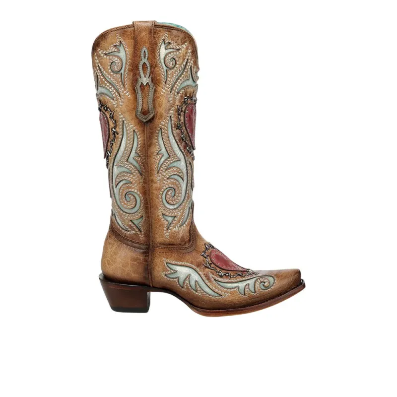 Heart Inlay Embroidered Studs Berbed Wire Woven Snip Toe Pull On Cowboy Boots made by Shoebacca