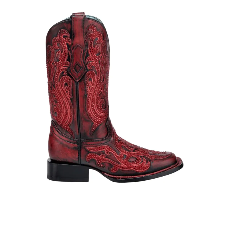 Embroidered Crystals Square Toe Pull On Cowboy Boots made by Shoebacca