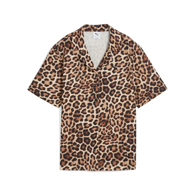 Leo Luxe Relaxed Leopard Collared Short Sleeve Button Up Top made by Puma
