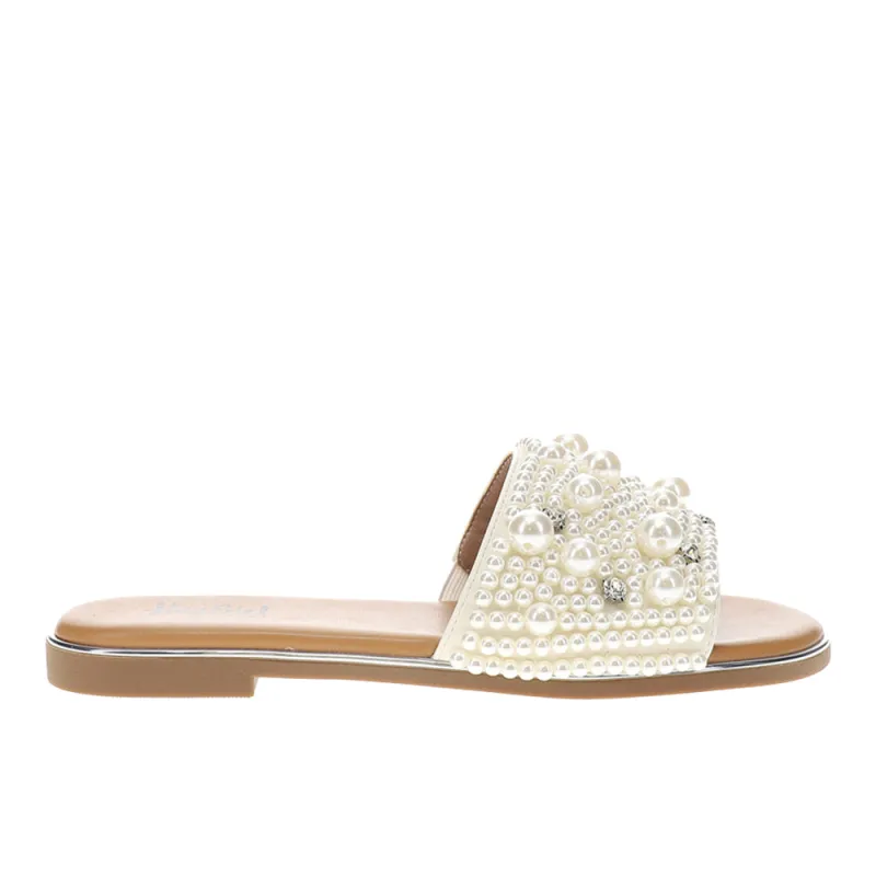 Gimme Kiss Pearl Rhinestone Flat Slide Sandals made by Corkys