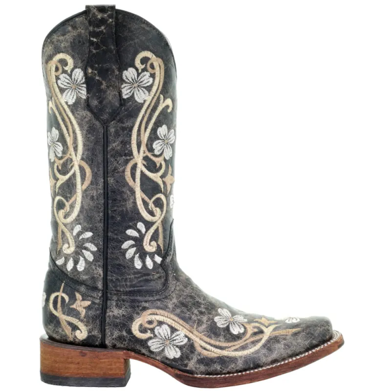 Distressed Embroidered Snip Toe Pull On Cowboy Boots made by Shoebacca