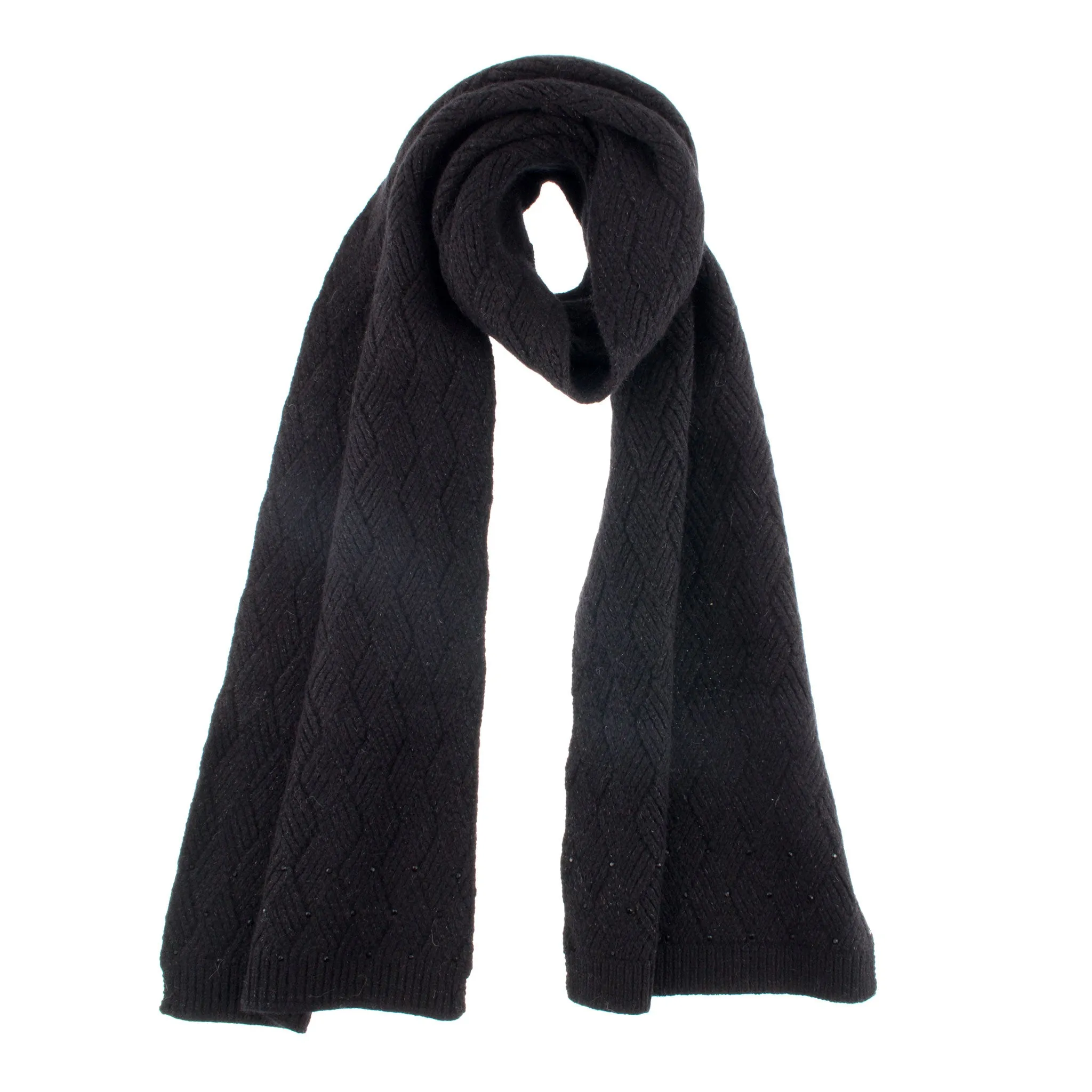 Women’s Lambswool Blend Knitted Scarf with Beaded Ends sold by Dents Gloves