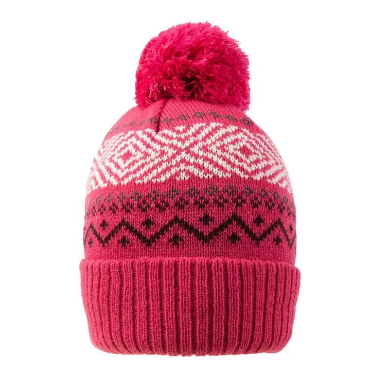 Women's Jacquard Knitted Bobble Hat with Geometric Pattern and Faux Fur Pom Pom sold by Dents Gloves