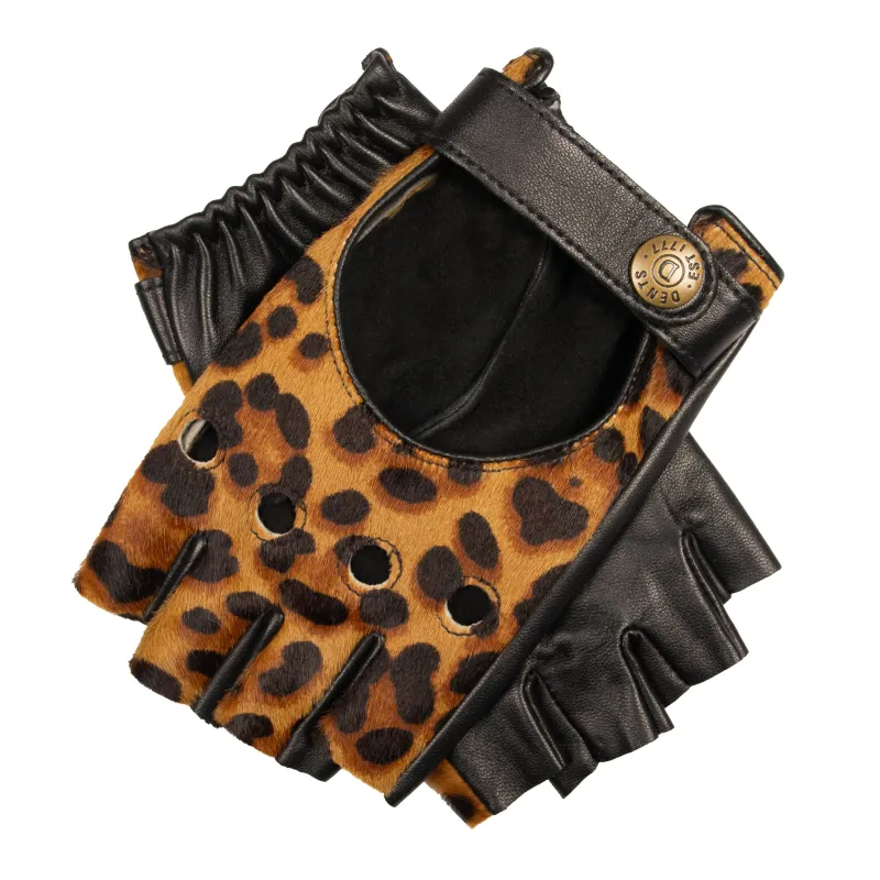 Women's Fingerless Leather Driving Gloves with Ponyskin Leopard Print Design sold by Dents Gloves
