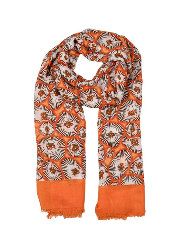 Women’s Abstract Circle Print Lightweight Scarf with Block Colour Ends made by Dents Gloves