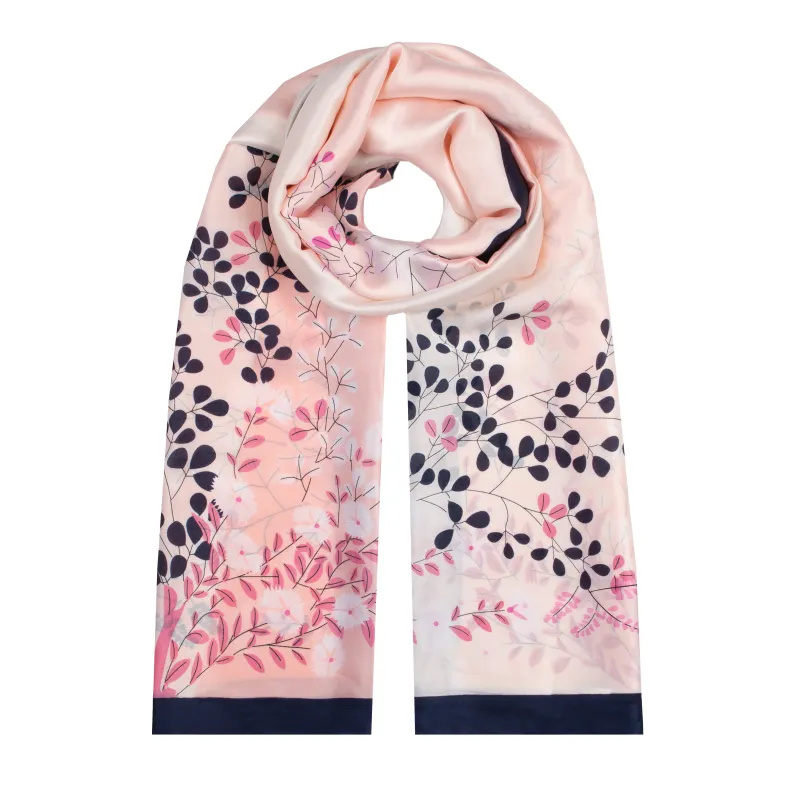 Women's Abstract Leaf Print Silk-Like Lightweight Scarf with Border made by Dents Gloves
