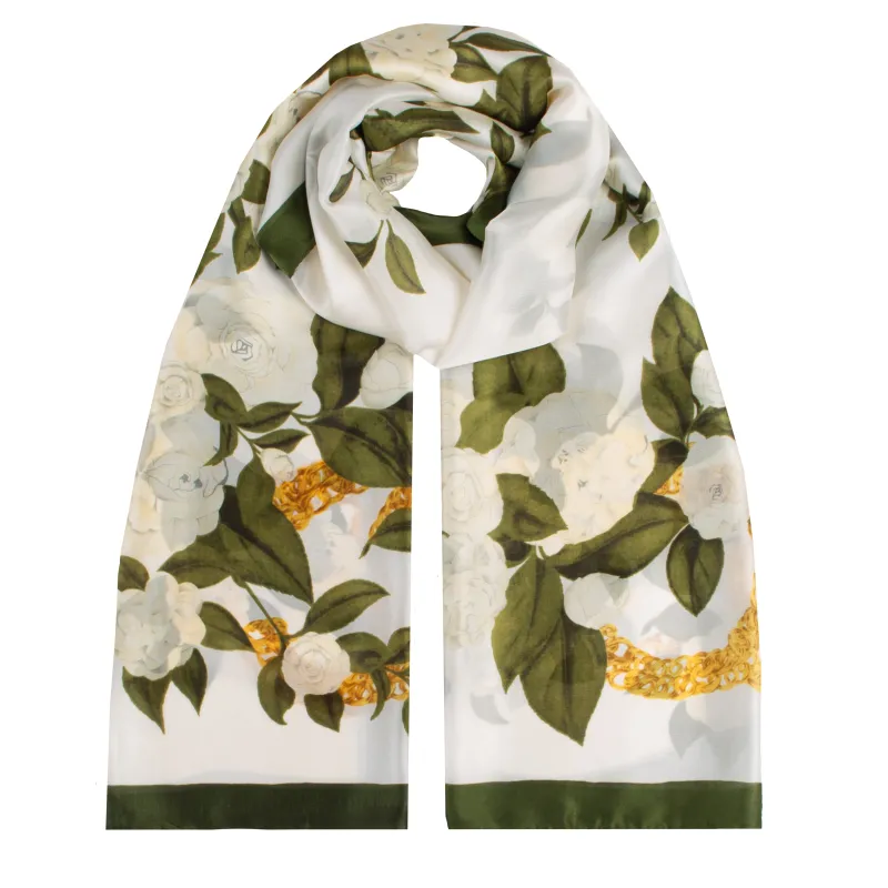 Women’s Flowers and Chains Print Silk-Like Lightweight Scarf with Border sold by Dents Gloves