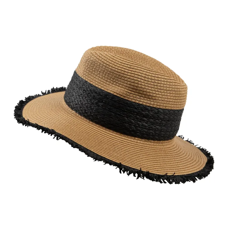 Women's Straw Fedora Hat with Colour Contrast Details and Frayed Edge sold by Dents Gloves