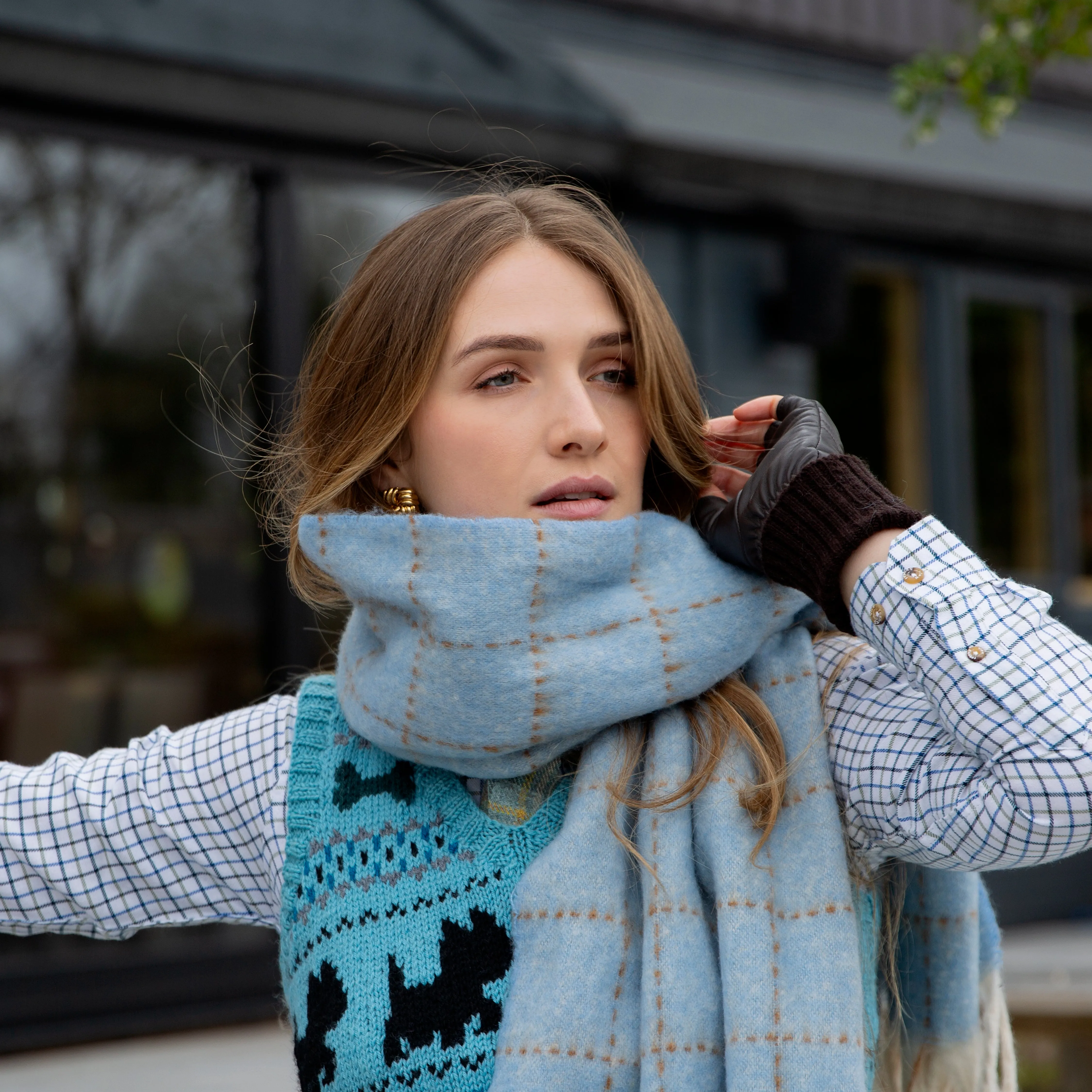 Women’s Dotted Windowpane Check Scarf with Tassels sold by Dents Gloves product image thumbnail 3