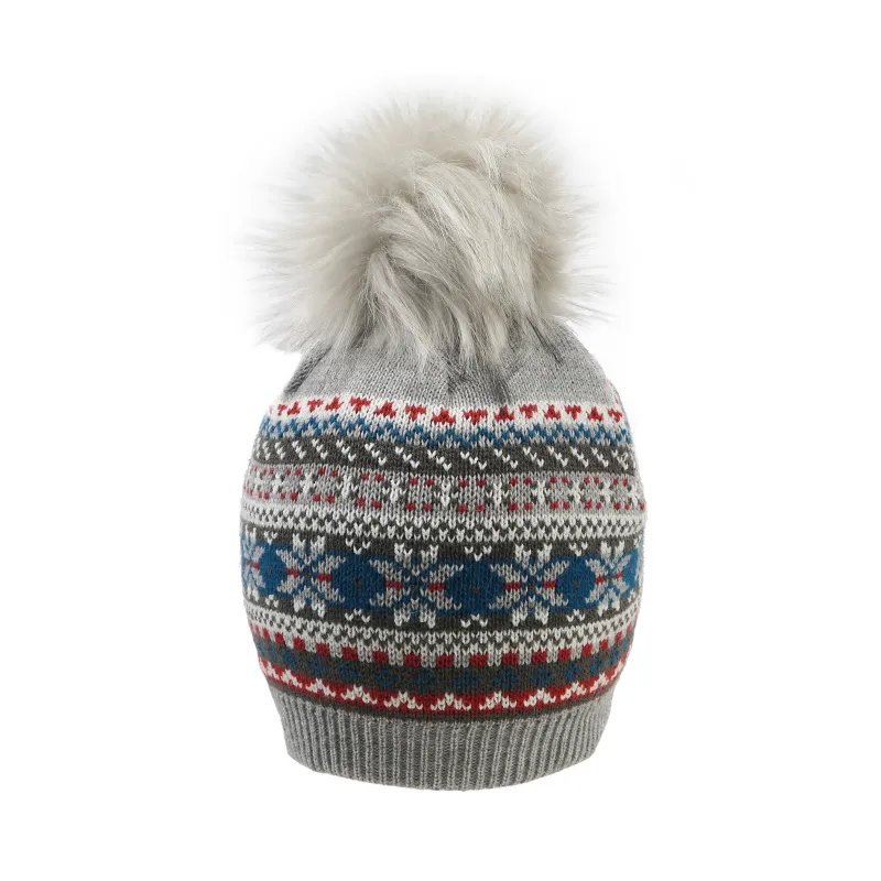Women’s Jacquard Fair Isle Knitted Bobble Hat with Faux Fur Pom Pom sold by Dents Gloves