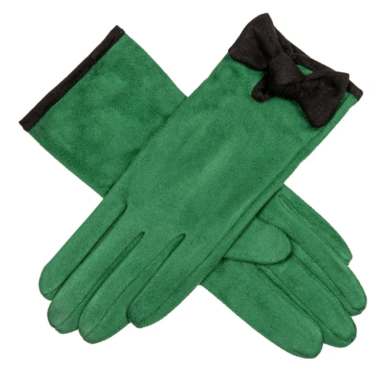 Women’s Velour-Lined Faux Suede Gloves with Trim and Bow made by Dents Gloves