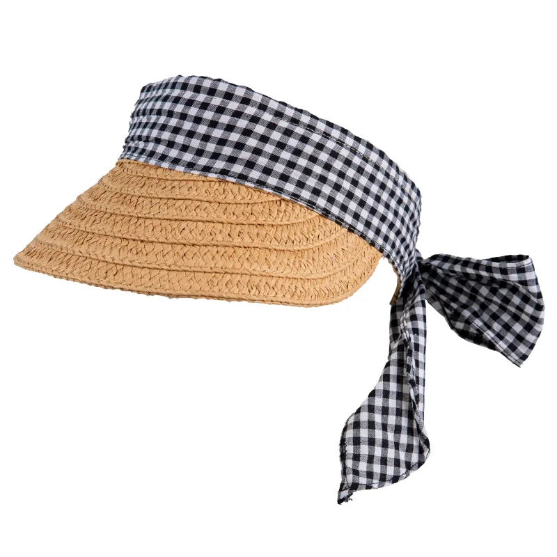 Women’s Straw Sun Visor with Gingham Ribbon Band and Tie sold by Dents Gloves
