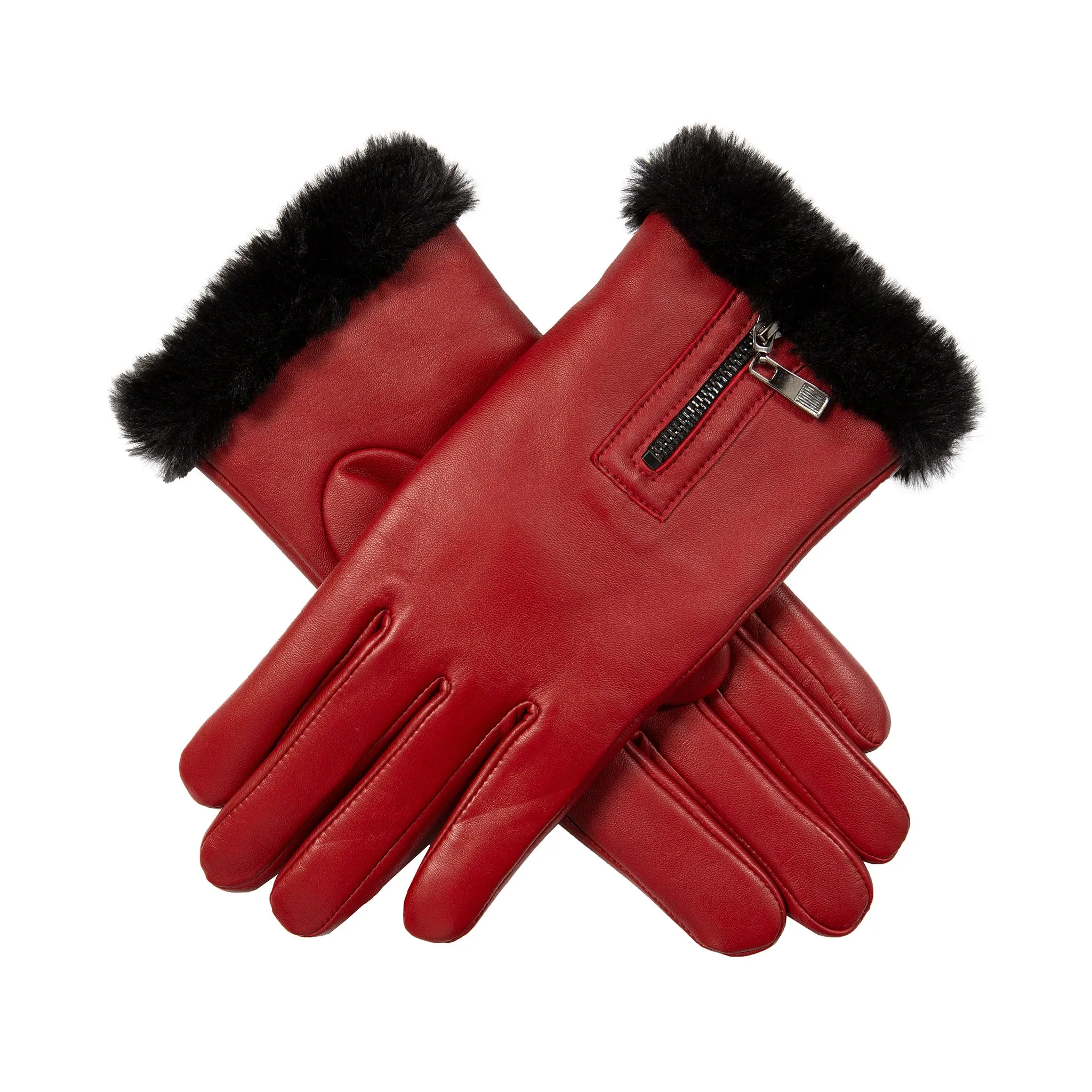 Women’s Touchscreen Faux Fur-Lined Leather Gloves with Zip sold by Dents Gloves