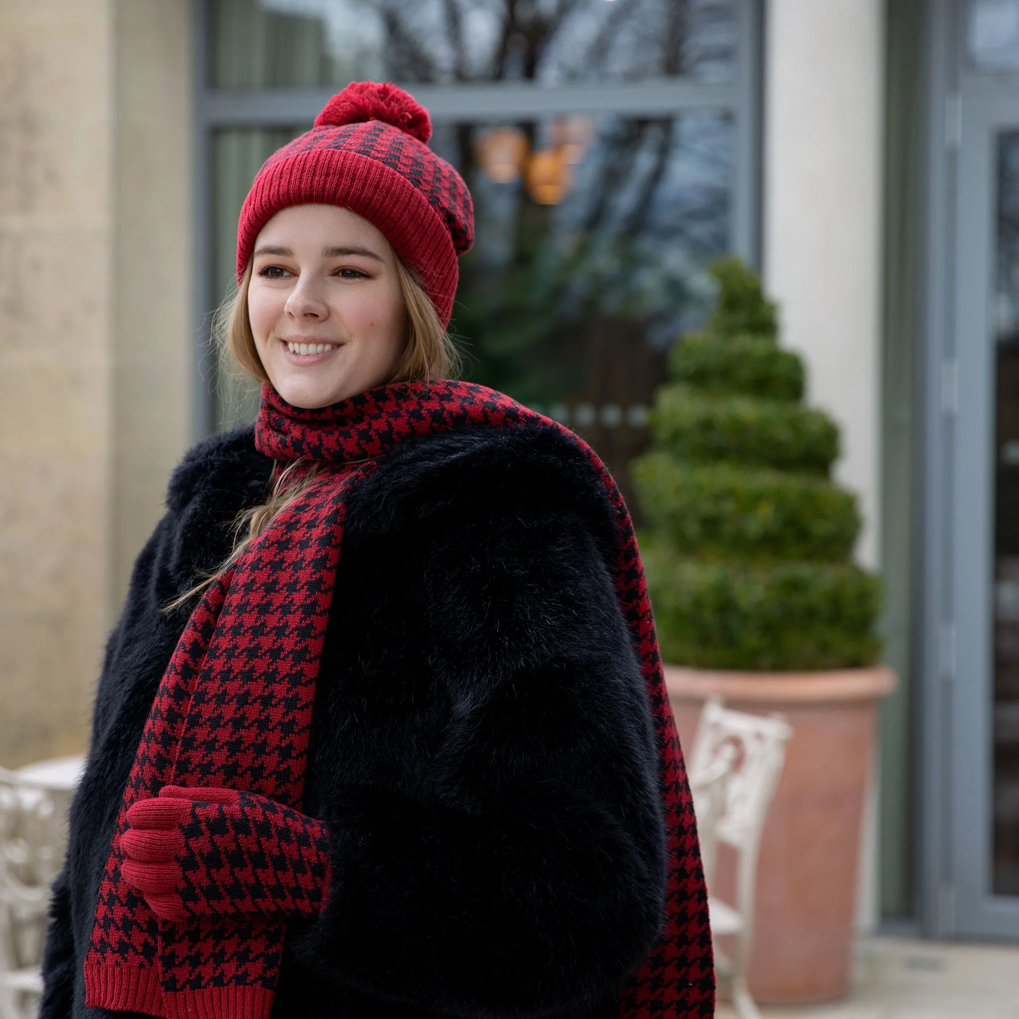 Women’s Jacquard Knitted Bobble Hat with Dogtooth Pattern and Yarn Pom Pom sold by Dents Gloves product image thumbnail 4