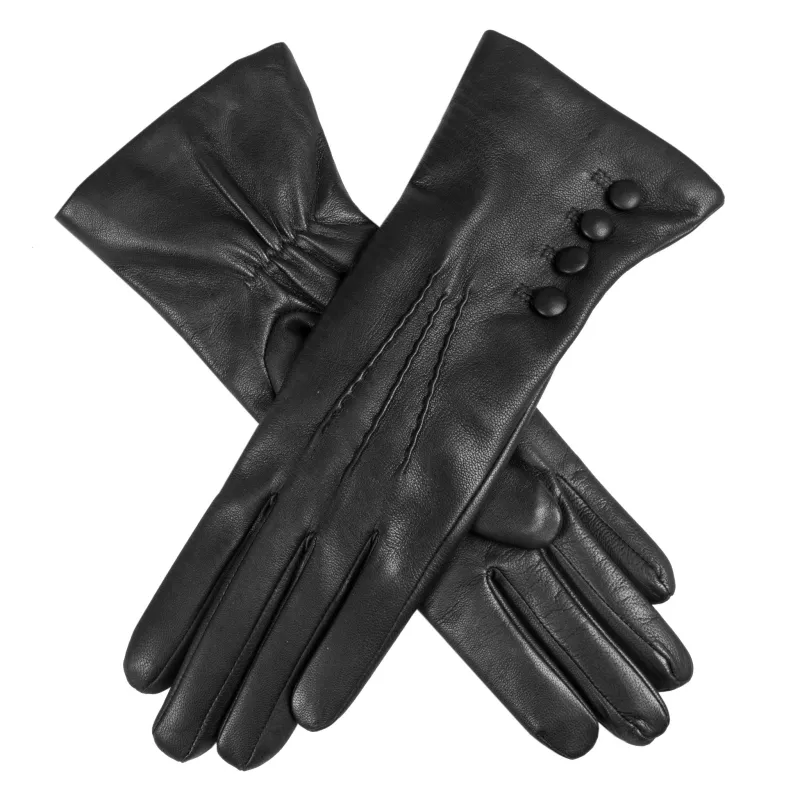 Women’s Touchscreen Three-Point Cashmere-Lined Leather Gloves with Buttons sold by Dents Gloves