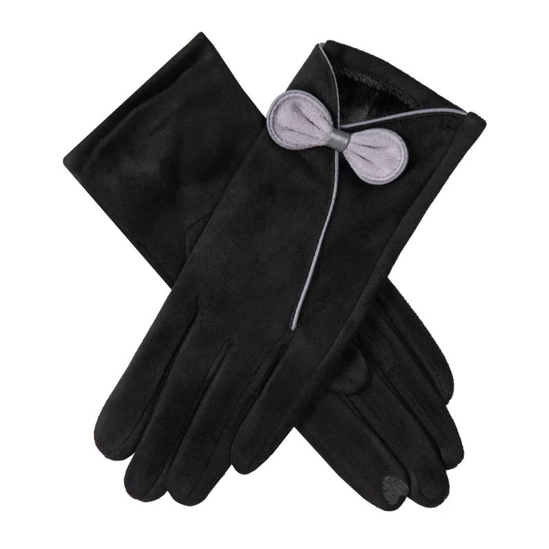 Women’s Touchscreen Velour-Lined Faux Suede Gloves with Contrast Trim and Bow sold by Dents Gloves