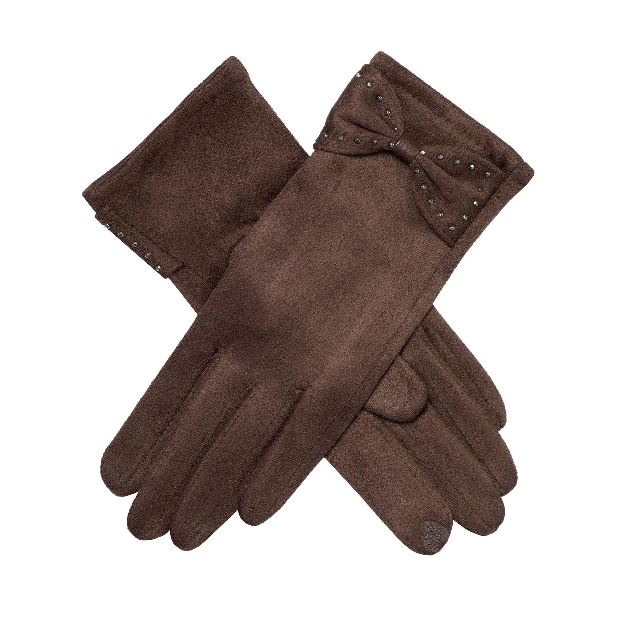 Women’s Touchscreen Velour-Lined Faux Suede Gloves with Studded Bow sold by Dents Gloves