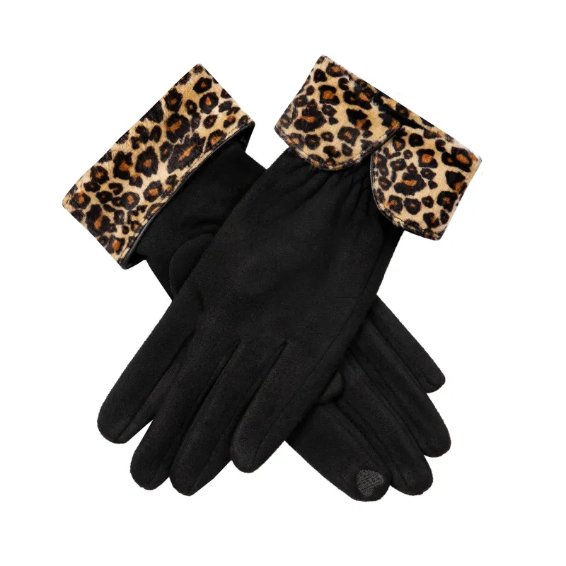 Women’s Touchscreen Velour-Lined Faux Suede Gloves with Faux Fur Leopard Print Cuffs sold by Dents Gloves