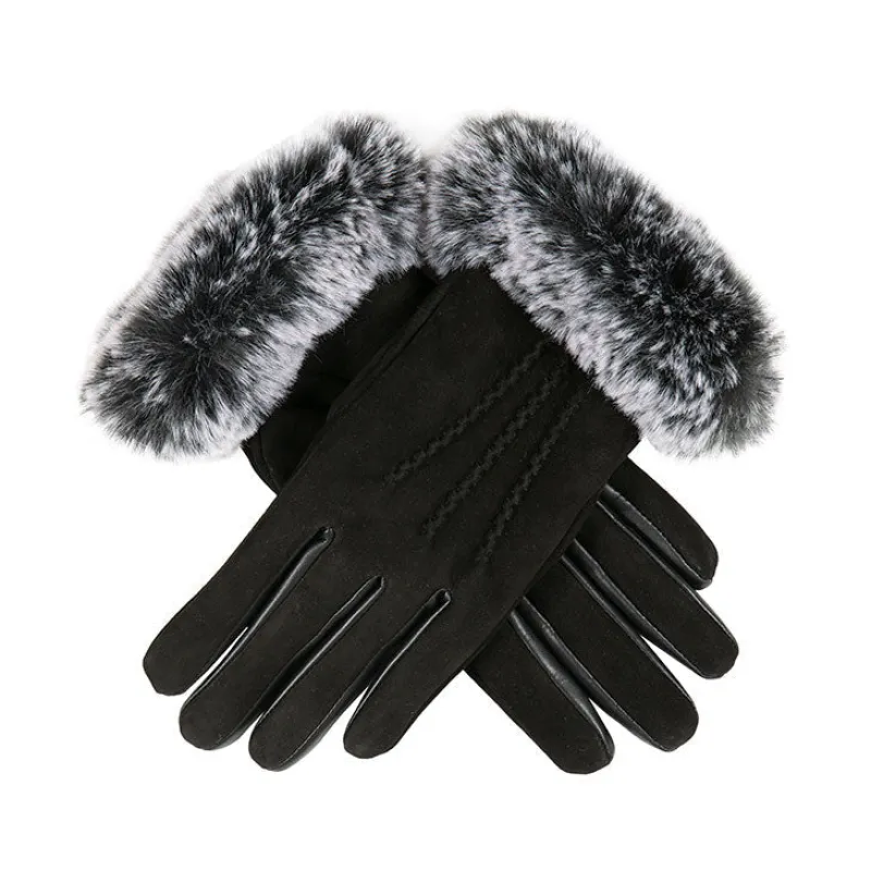 Women’s Water-Resistant Three-Point Faux Fur-Lined Nubuck Leather Gloves with Faux Fur Cuffs sold by Dents Gloves