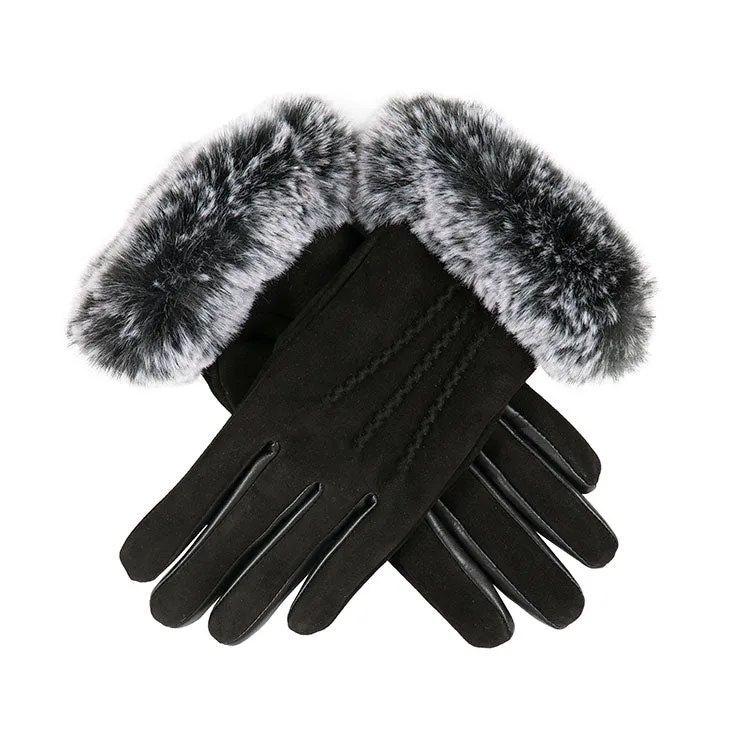 Women’s Water-Resistant Three-Point Faux Fur-Lined Nubuck Leather Gloves with Faux Fur Cuffs sold by Dents Gloves