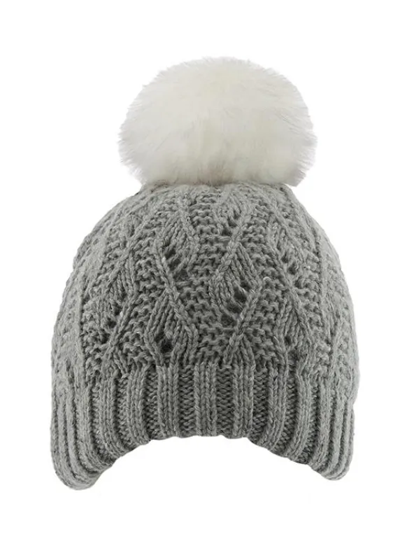 Women's Lace Knit Bobble Hat with Marl Yarn and Faux Fur Pom Pom sold by Dents Gloves