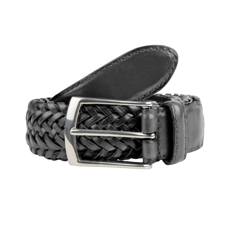 Men's Woven Leather Belt with Satin Nickel Buckle sold by Dents Gloves