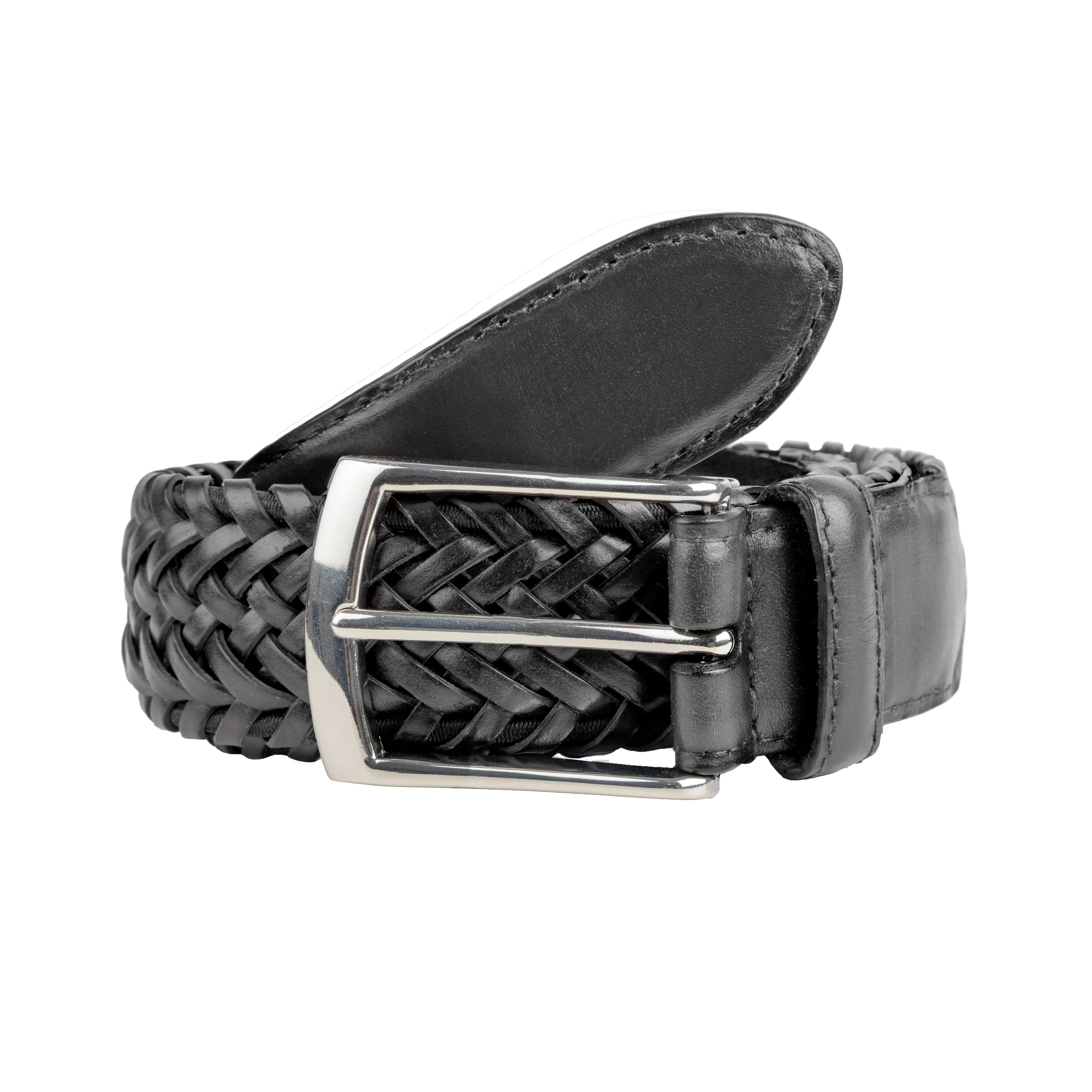 Men's Woven Leather Belt with Satin Nickel Buckle sold by Dents Gloves