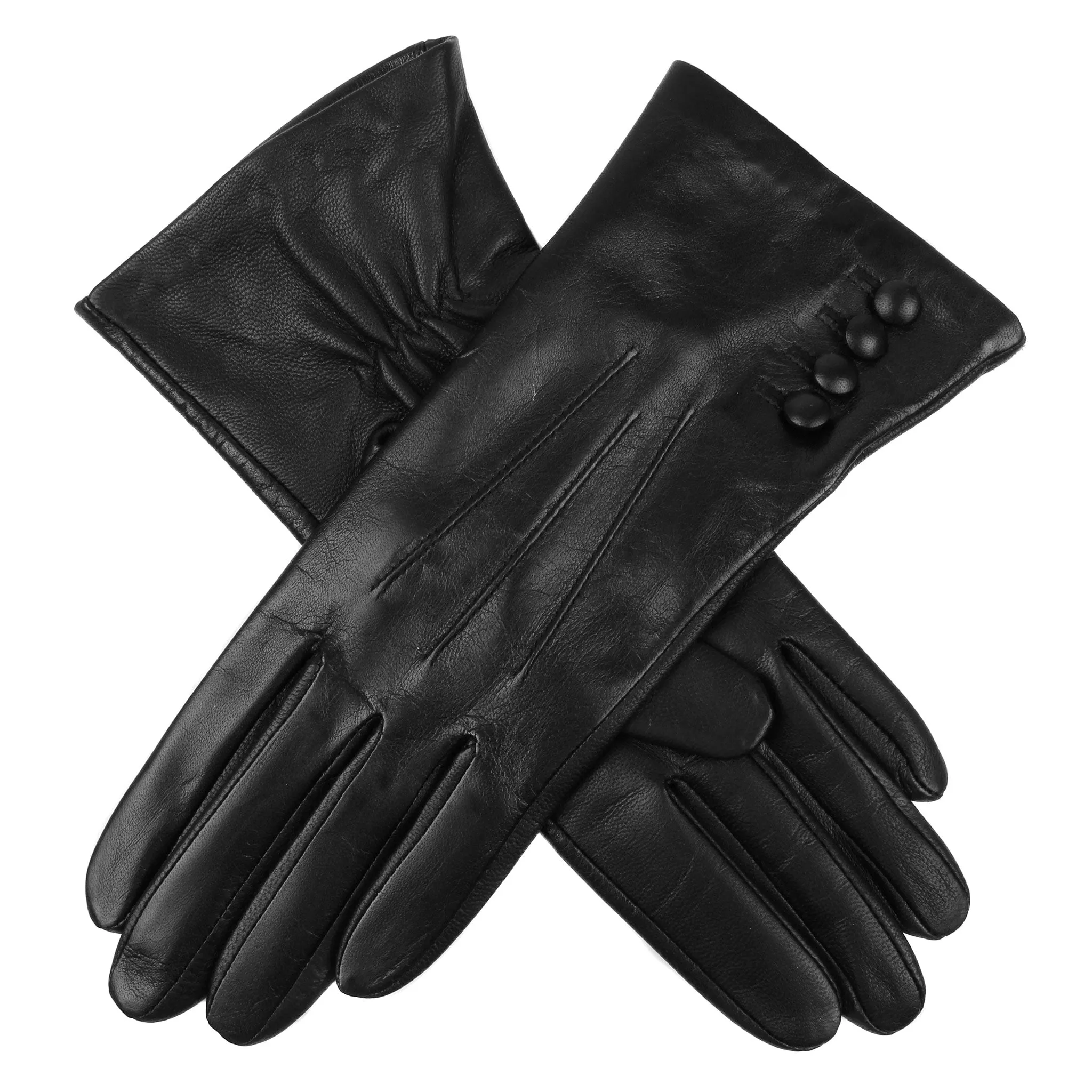 Women's Touchscreen Three-Point Silk-Lined Leather Gloves with Buttons sold by Dents Gloves