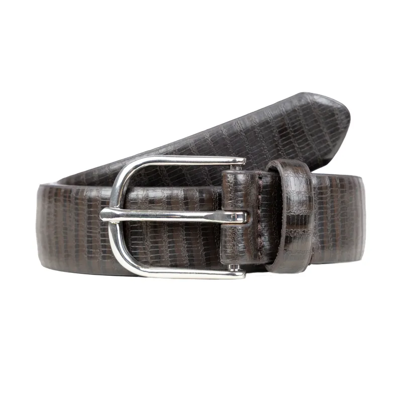Men's Lizard-Print Leather Belt with Shiny Silver Buckle sold by Dents Gloves