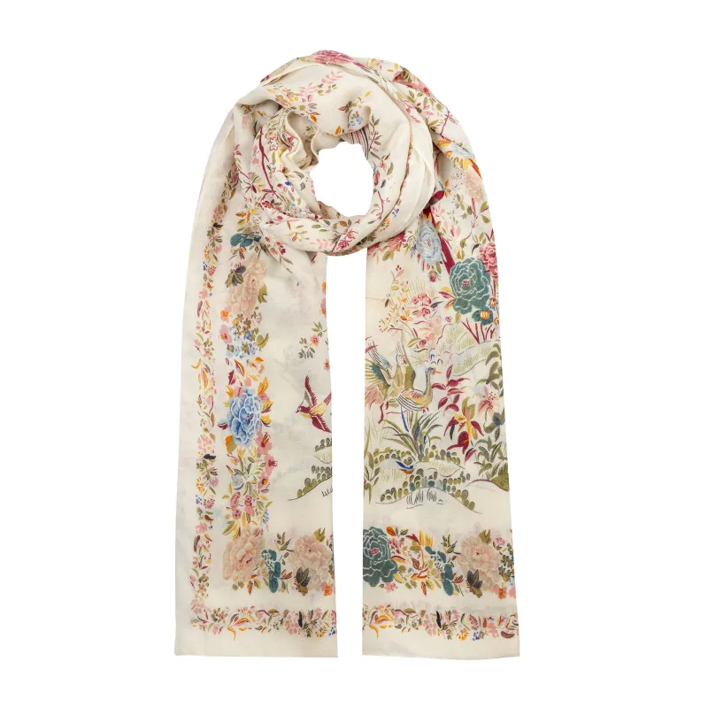 Women’s Chinoiserie Flowers and Birds Lightweight Scarf with Borders sold by Dents Gloves