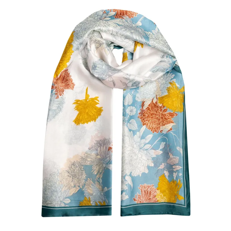 Women’s Chrysanthemum Print Silk-Like Lightweight Scarf with Double Border made by Dents Gloves