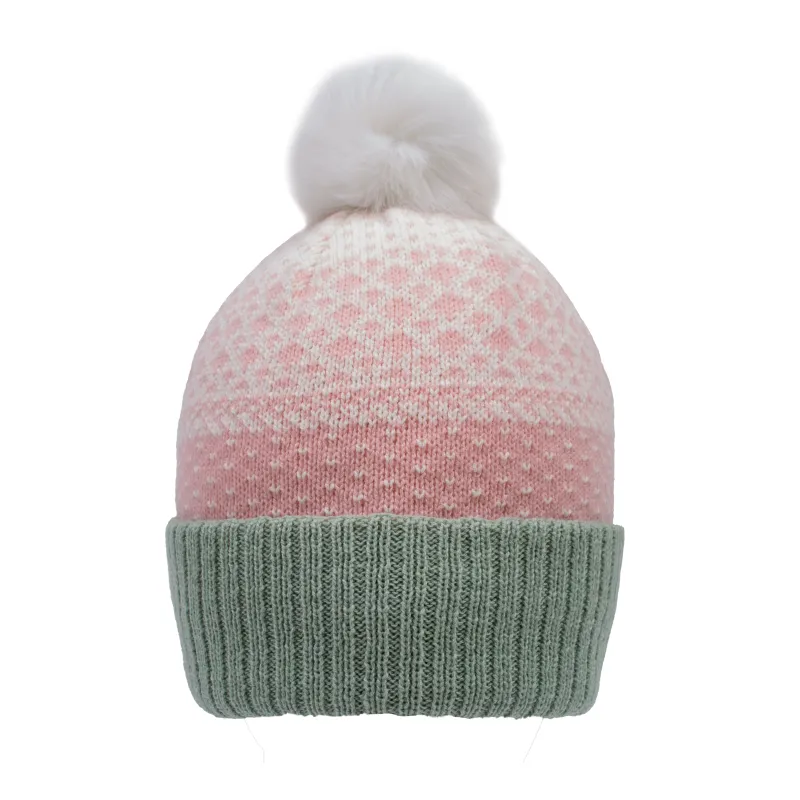 Women's Jacquard Knitted Bobble Hat with Polka Dot Pattern and Faux Fur Pom Pom made by Dents Gloves