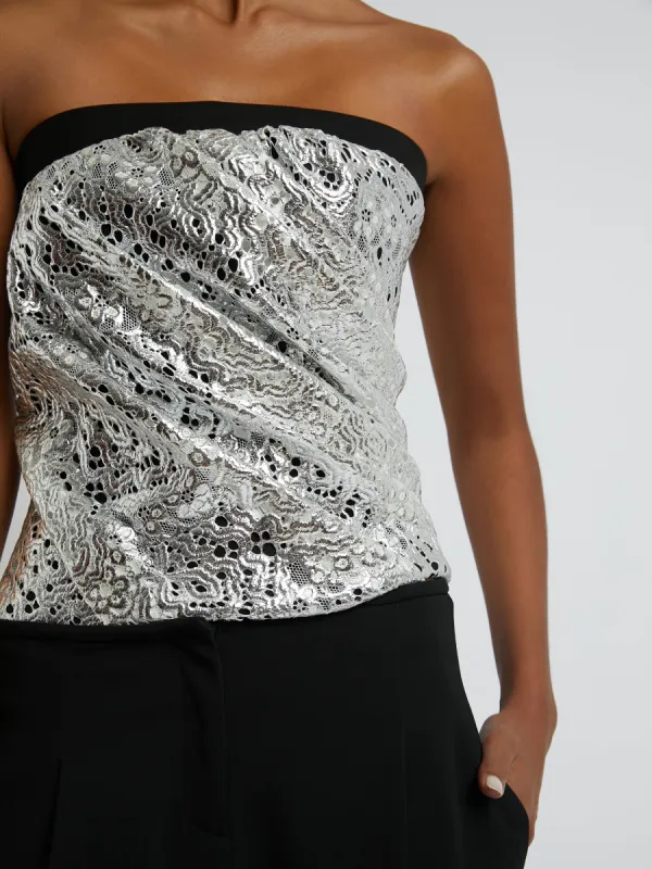 Foiled Lace Twisted Torso Bustier sold by Christopher Esber