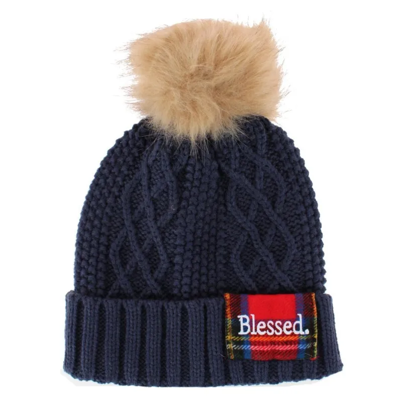 David & Young Women's Blessed Plaid Patch Knit Winter Beanie with Pom sold by Belt Outlet