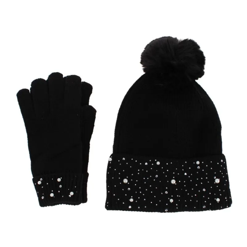 CTM® Women's Embellished Knit Winter Beanie and Touchscreen Glove Set made by Belt Outlet
