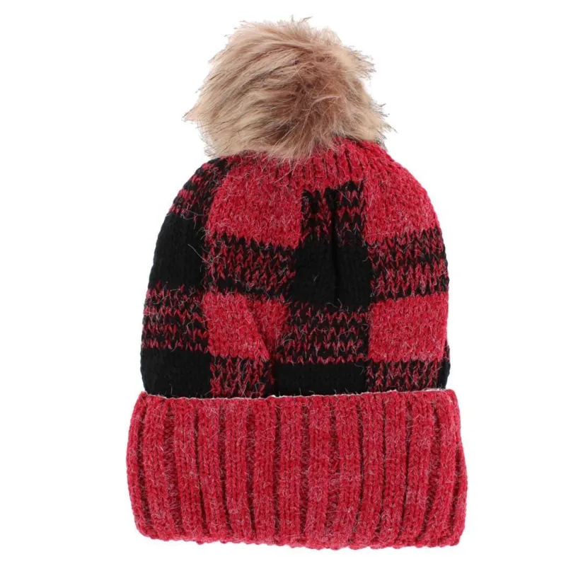 CTM® Women's Buffalo Plaid Knit Winter Beanie Hat with Synthetic Pom sold by Belt Outlet