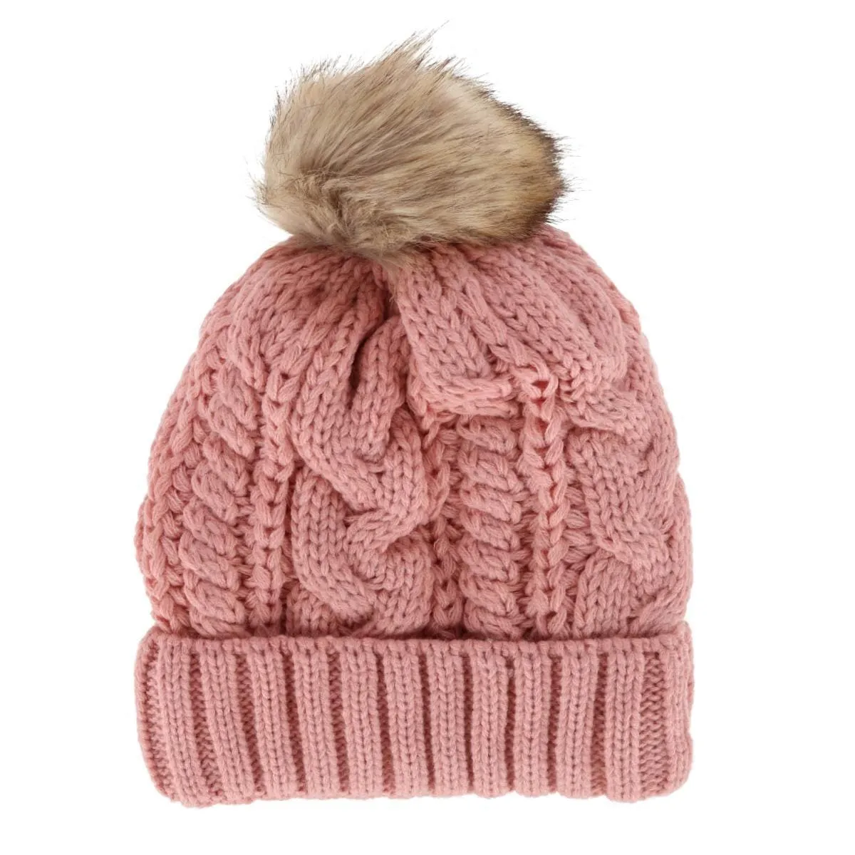 CTM® Women's Cable Knit Lined Winter Beanie with Synthetic Fur Pom sold by Belt Outlet product image thumbnail 4