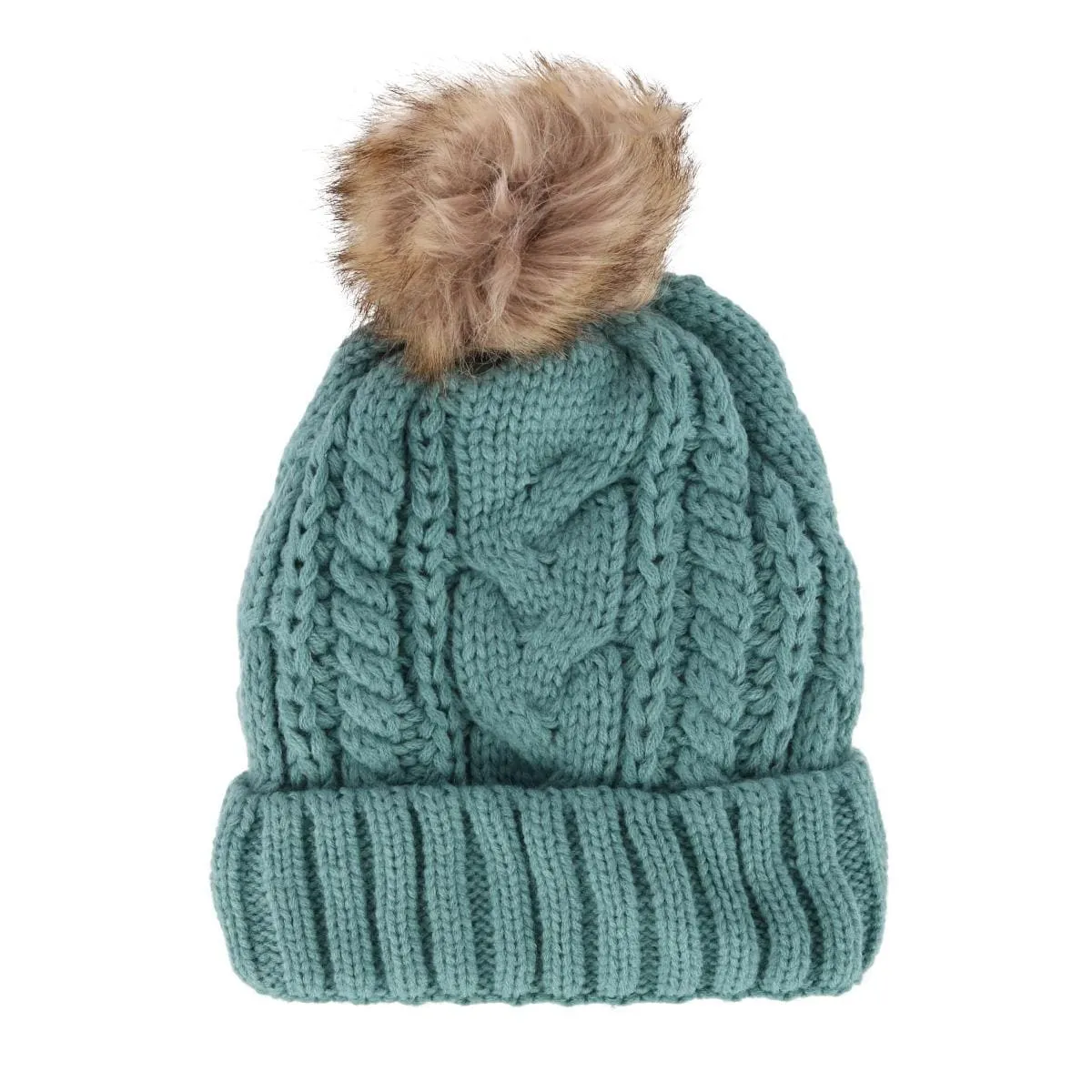 CTM® Women's Cable Knit Lined Winter Beanie with Synthetic Fur Pom sold by Belt Outlet